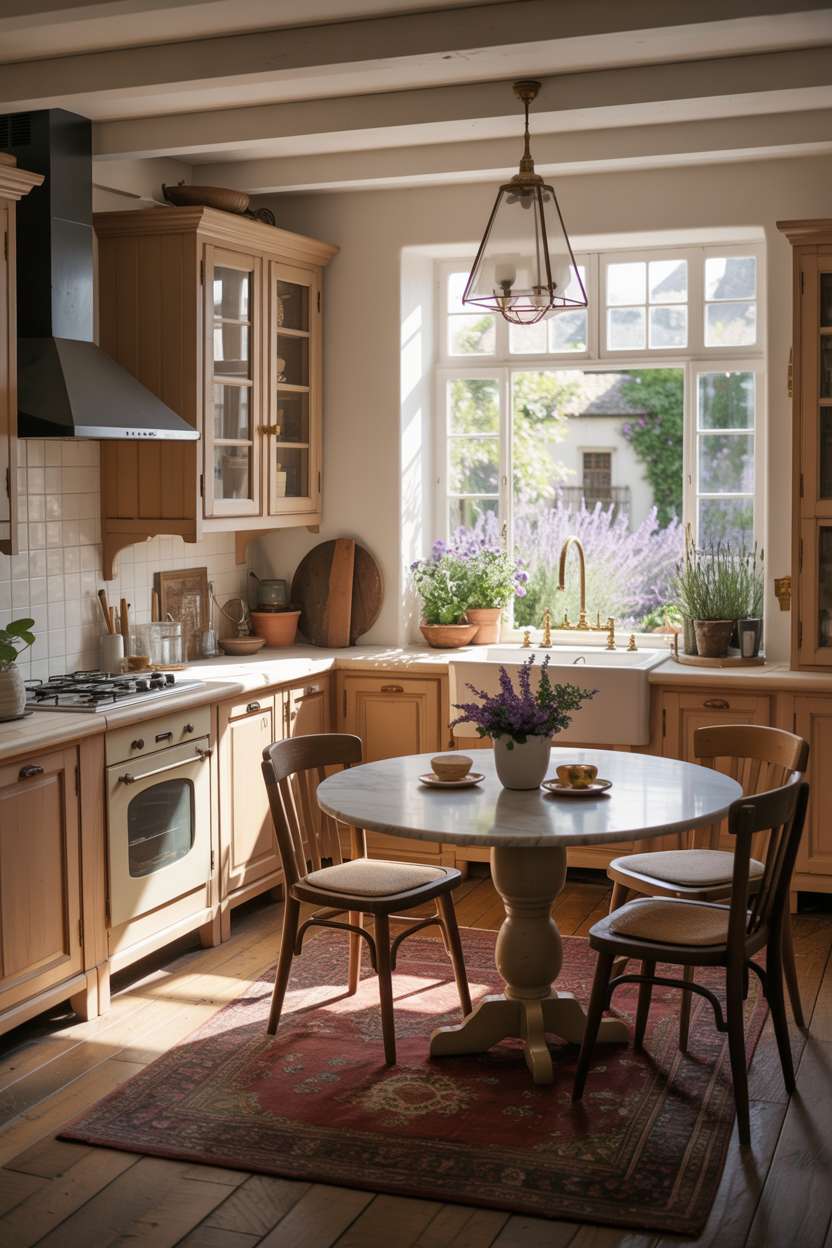 23 Cozy Cottage Kitchen Ideas for a Charming Rustic Look 15 French cottage kitchen with cream cabinets, round marble table, and lavender garden view