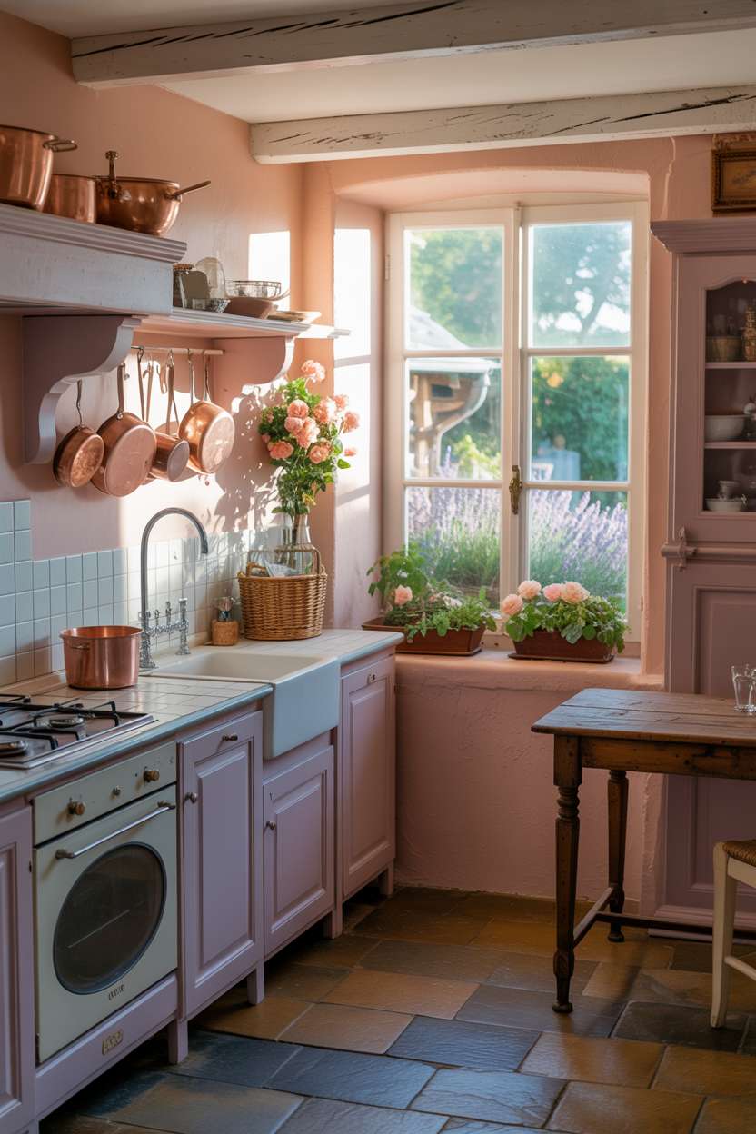 23 Cozy Cottage Kitchen Ideas for a Charming Rustic Look 16 French cottage kitchen with lavender-painted wooden cabinets and rose garden views