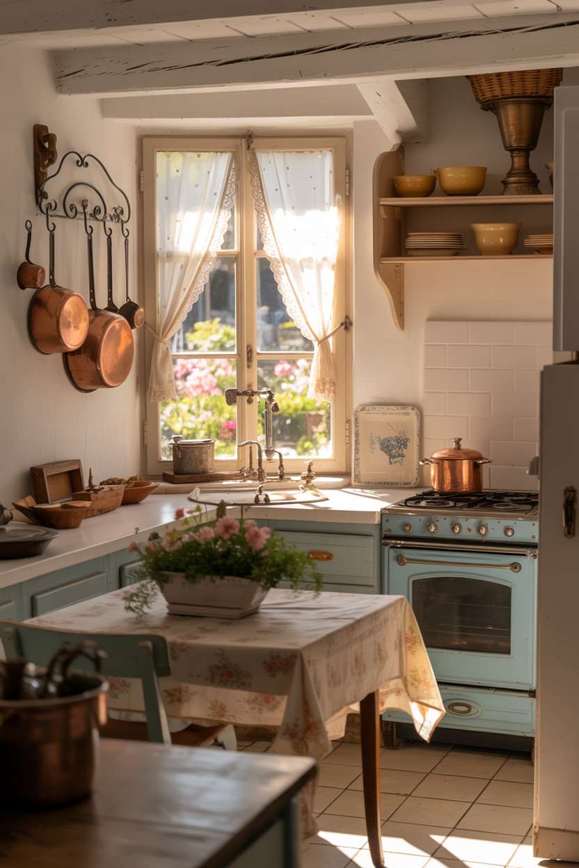 23 Cozy Cottage Kitchen Ideas for a Charming Rustic Look 17 French cottage kitchen with pale blue stove, whitewashed walls, and copper pot display
