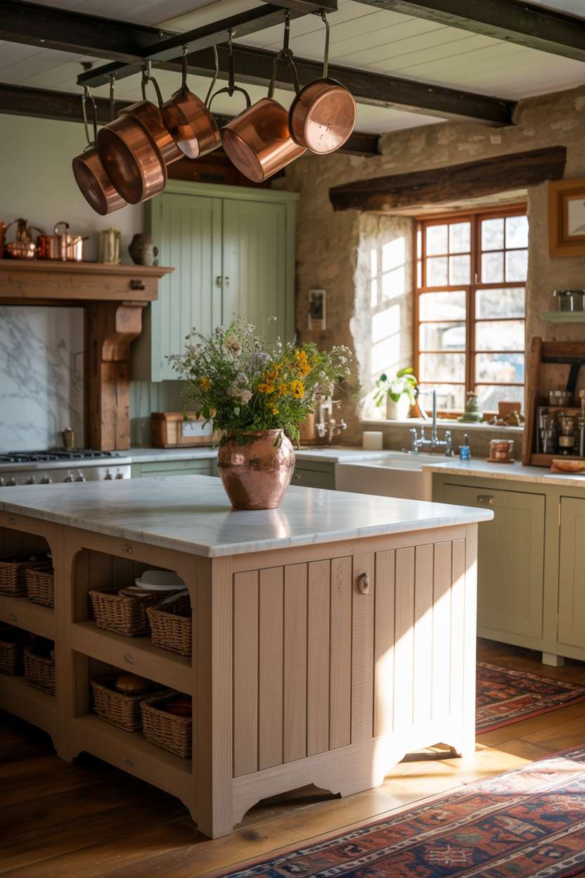 23 Cozy Cottage Kitchen Ideas for a Charming Rustic Look 18 Modern cottage kitchen with sage green cabinetry, rustic wooden island with marble countertop