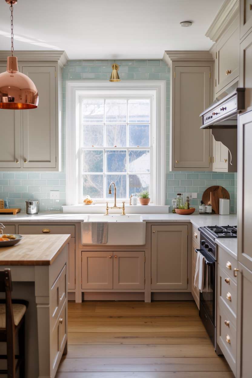 23 Cozy Cottage Kitchen Ideas for a Charming Rustic Look 20 Modern cottage kitchen with light grey shaker cabinets, pale blue backsplash, and copper pendant light