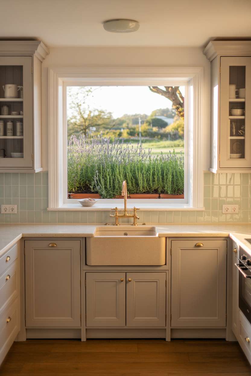 23 Cozy Cottage Kitchen Ideas for a Charming Rustic Look 21 Modern cottage kitchen with light gray cabinets, brushed gold hardware, and lavender garden view