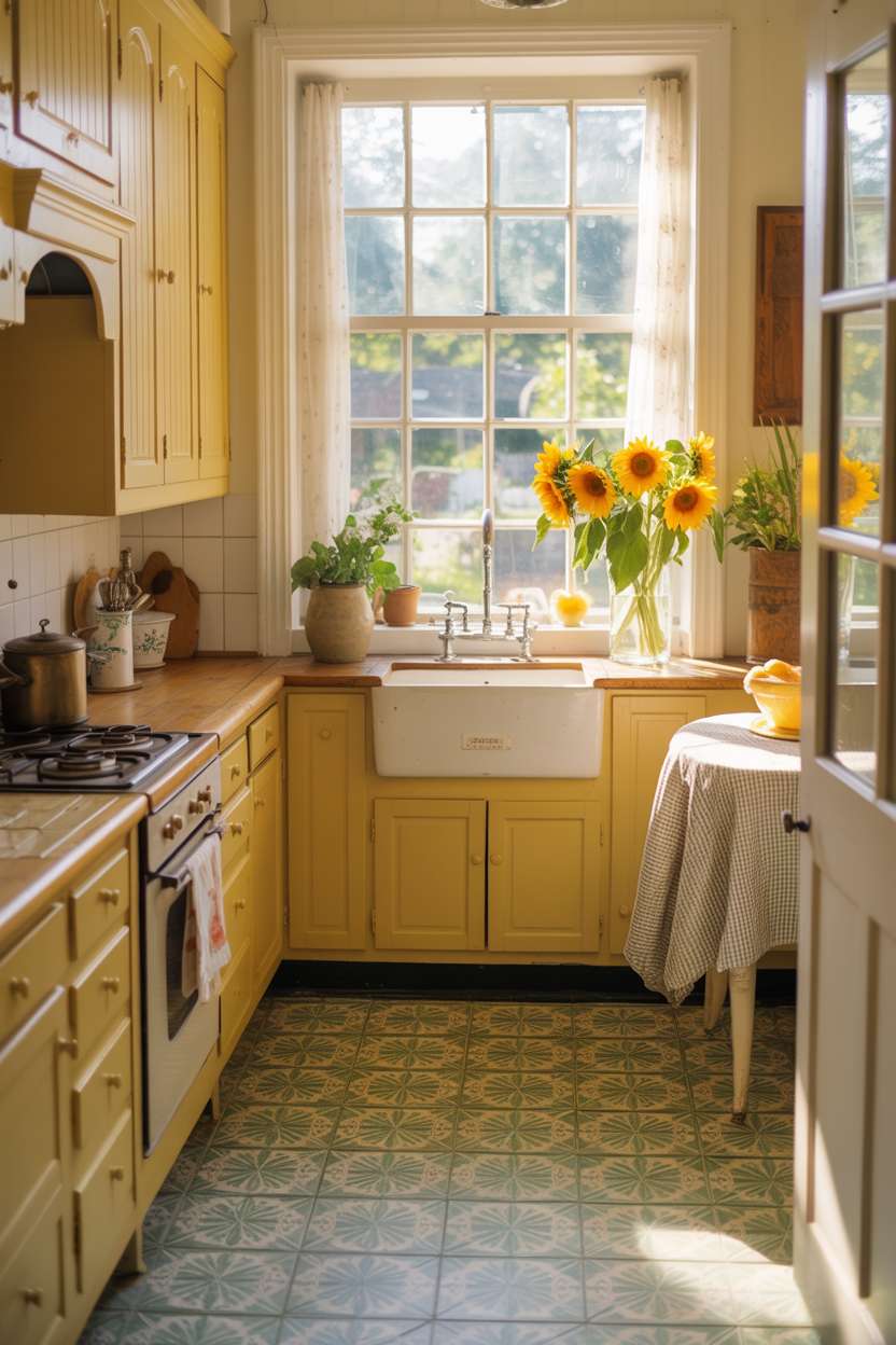 23 Cozy Cottage Kitchen Ideas for a Charming Rustic Look 22 Vintage cottage kitchen with pale yellow cabinets, checkered tablecloth, and sunflower windowsill arrangement