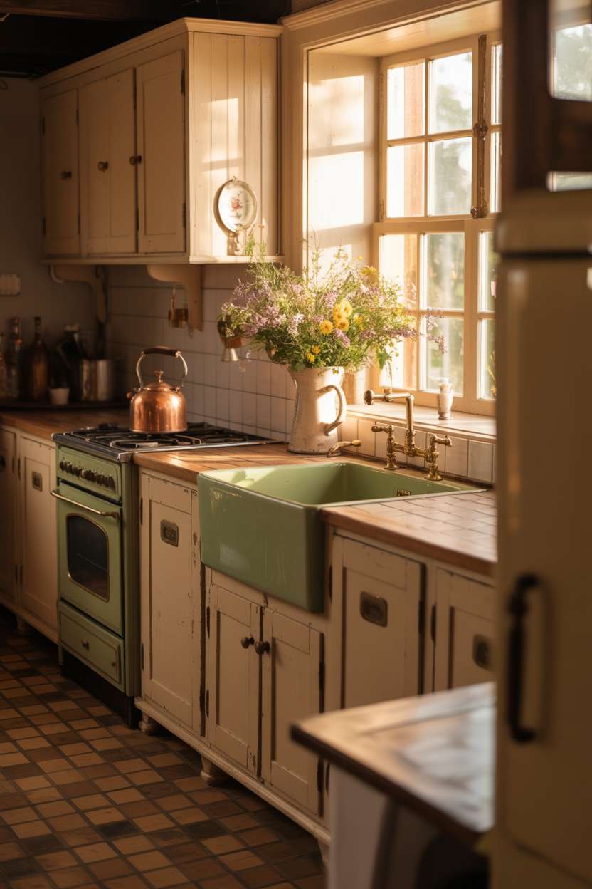 23 Cozy Cottage Kitchen Ideas for a Charming Rustic Look 23 Vintage cottage kitchen with distressed white cabinets, pale green farmhouse sink, and checkered tile floor