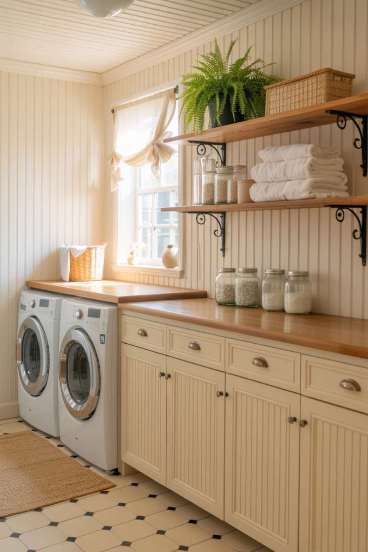 11 Gorgeous Cottage Laundry Room Ideas That Feel Like Home 1 White beadboard cottage laundry room with cream cabinets and butcher block countertop