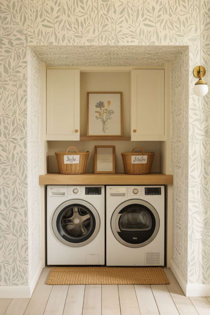 11 Gorgeous Cottage Laundry Room Ideas That Feel Like Home 10 Small cottage laundry nook with stacked machines, leaf-print wallpaper, and brass wall sconce