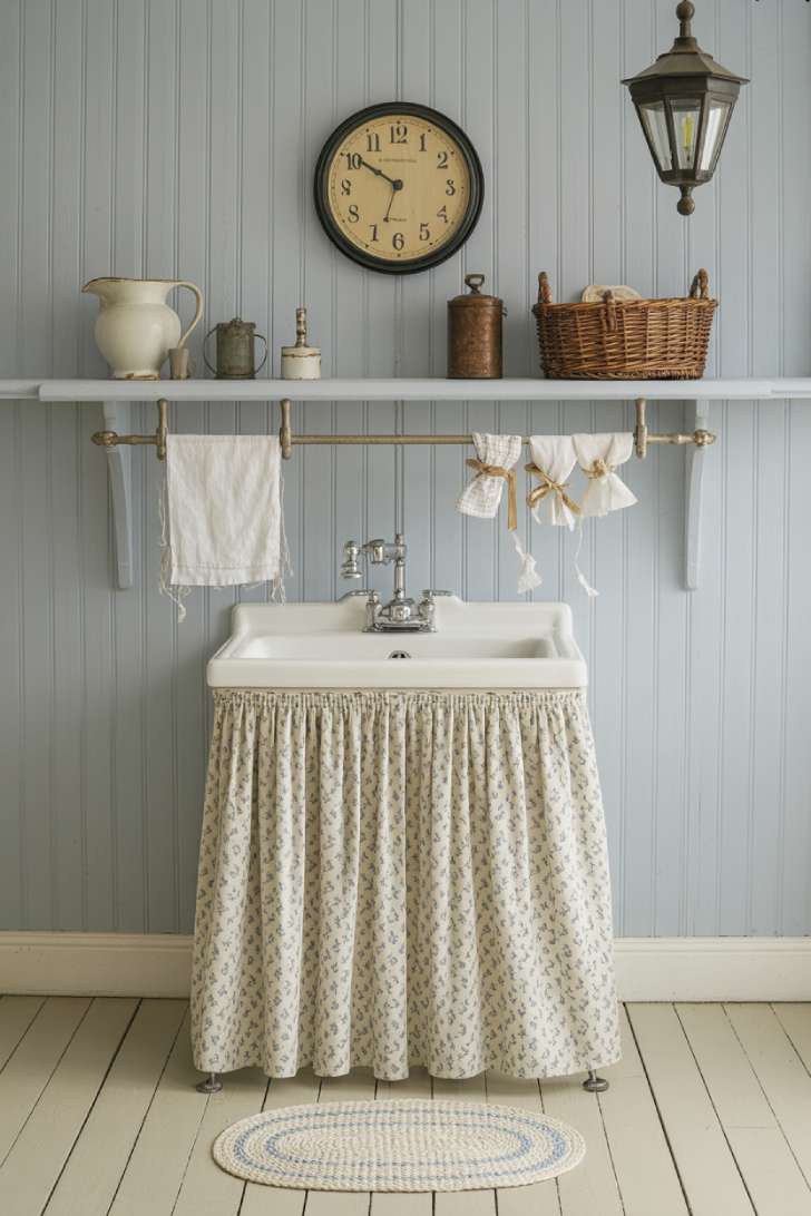 11 Gorgeous Cottage Laundry Room Ideas That Feel Like Home 11 English cottage laundry room with fabric skirt sink, vintage clock, and pale blue beadboard walls