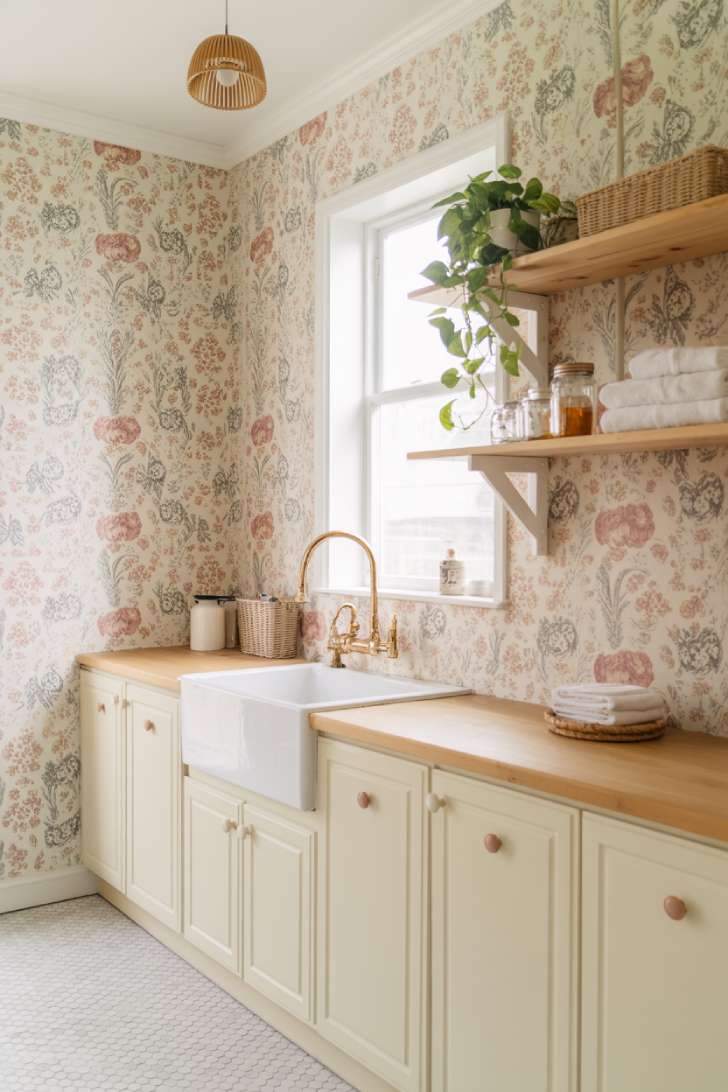 11 Gorgeous Cottage Laundry Room Ideas That Feel Like Home 3 Cottage laundry room with vintage botanical wallpaper, white cabinets, and rattan pendant light