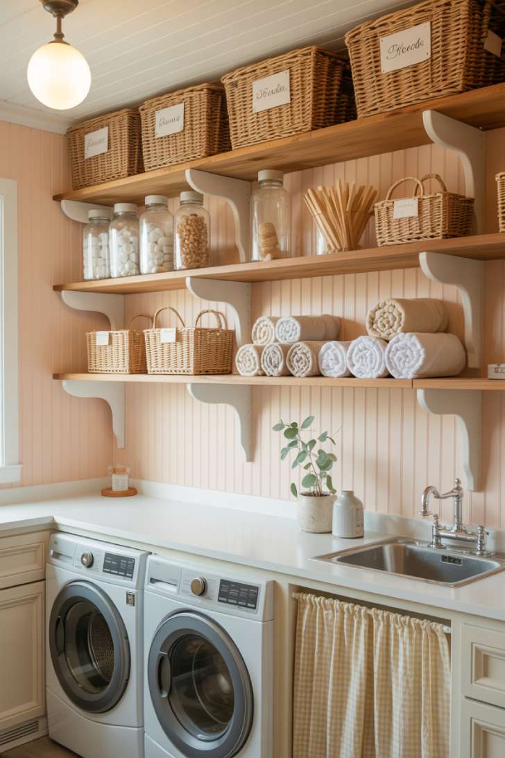 11 Gorgeous Cottage Laundry Room Ideas That Feel Like Home 4 Cottage laundry room open shelving with woven baskets, mason jars, and white corbels