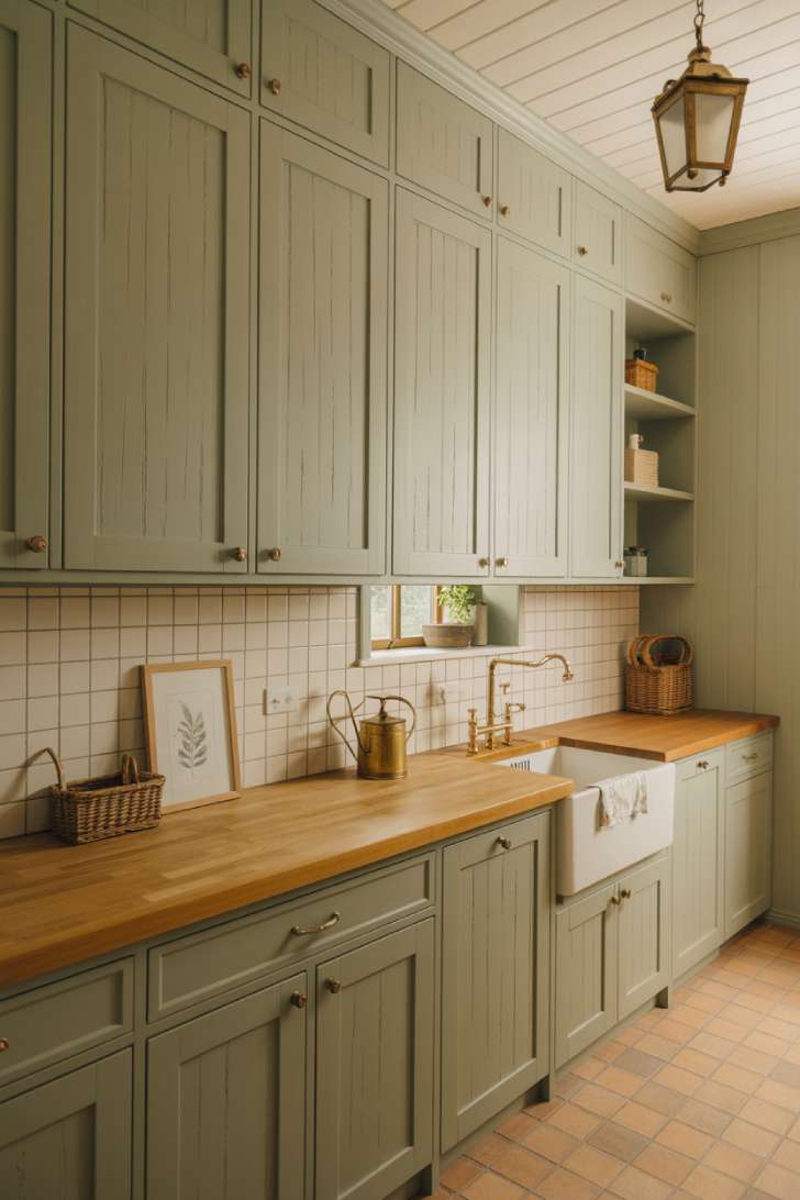 11 Gorgeous Cottage Laundry Room Ideas That Feel Like Home 5 Sage green shaker cabinet cottage laundry room with butcher block counter and brass hardware