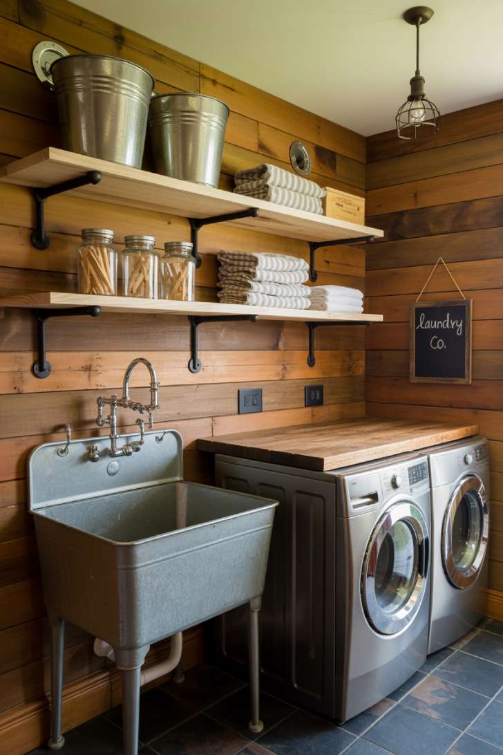 11 Gorgeous Cottage Laundry Room Ideas That Feel Like Home 6 Rustic cottage laundry room with galvanized metal storage, reclaimed wood shelves, and cast iron sink
