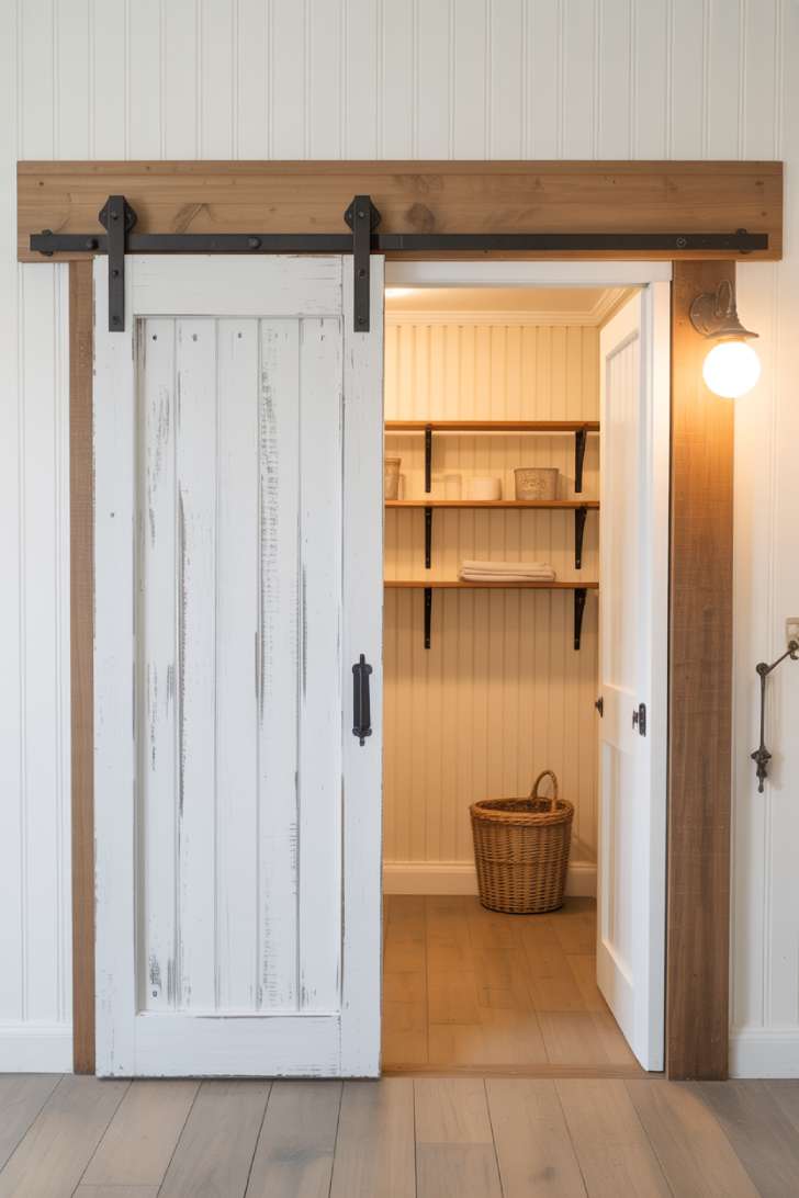 11 Gorgeous Cottage Laundry Room Ideas That Feel Like Home 7 Sliding barn door entrance to cottage laundry room with cream beadboard walls visible inside
