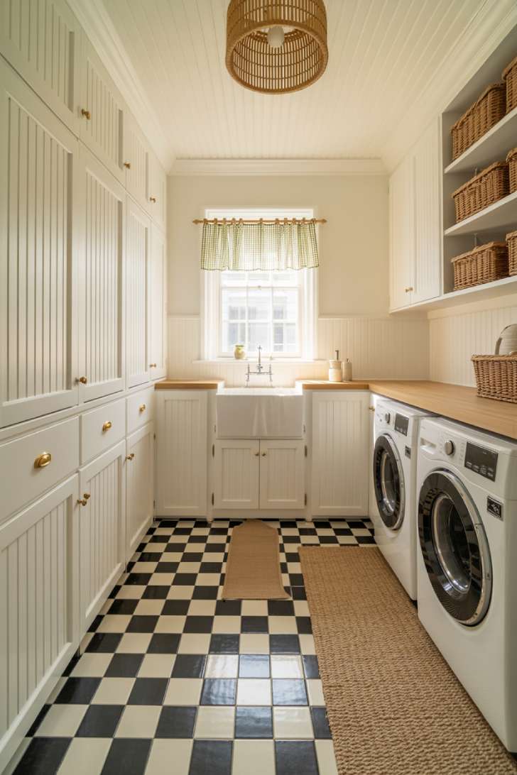 11 Gorgeous Cottage Laundry Room Ideas That Feel Like Home 8 Cottage laundry room with checkerboard tile floor, white cabinets, and sage green gingham curtain