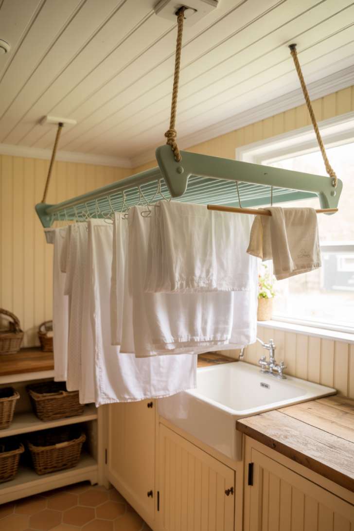 11 Gorgeous Cottage Laundry Room Ideas That Feel Like Home 9 Cottage laundry room with ceiling-hung rope and pulley drying rack in sage green above farmhouse sink