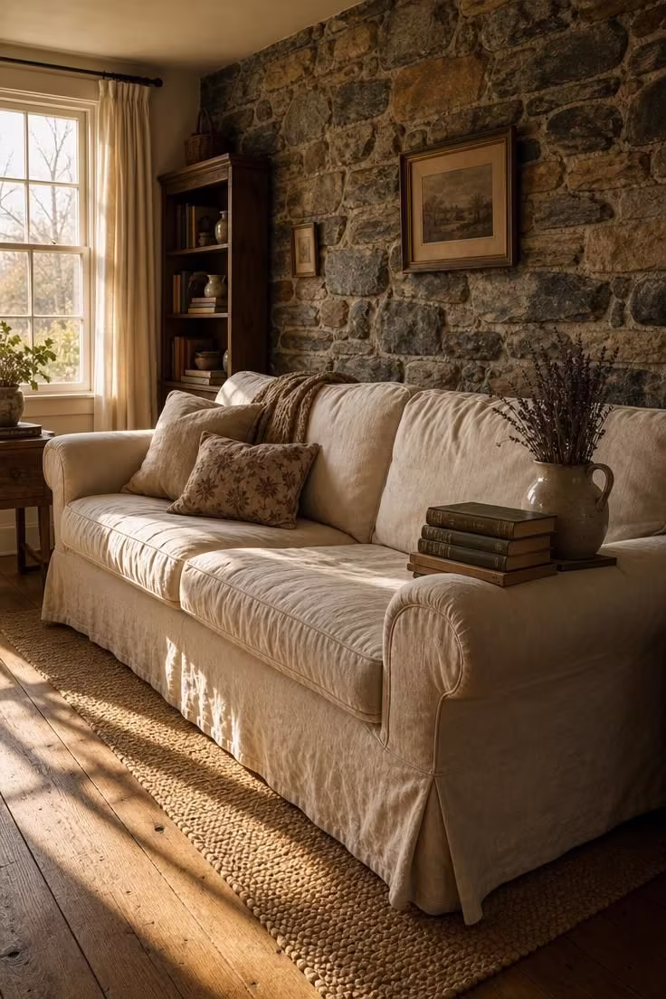 15 Inviting Cottage Living Room Ideas Full of Character 1 Cream linen slipcover sofa with rolled arms set against a fieldstone accent wall in a cottage living room bathed in warm afternoon light.