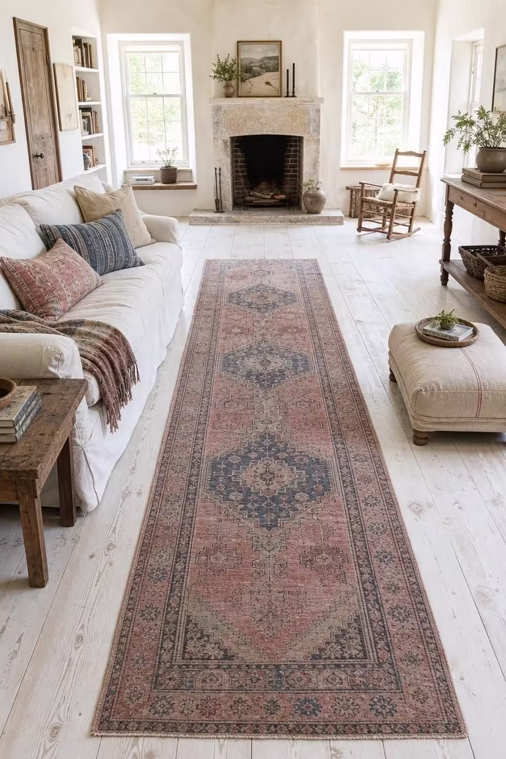 15 Inviting Cottage Living Room Ideas Full of Character 2 Whitewashed pine plank floors with a faded rose-and-indigo Turkish runner leading toward a stone fireplace in a bright cottage living room.