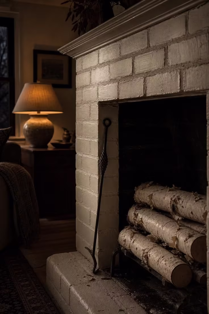 15 Inviting Cottage Living Room Ideas Full of Character 3 Painted ivory brick fireplace with stacked birch logs and peeling bark in a dimly lit cottage living room.