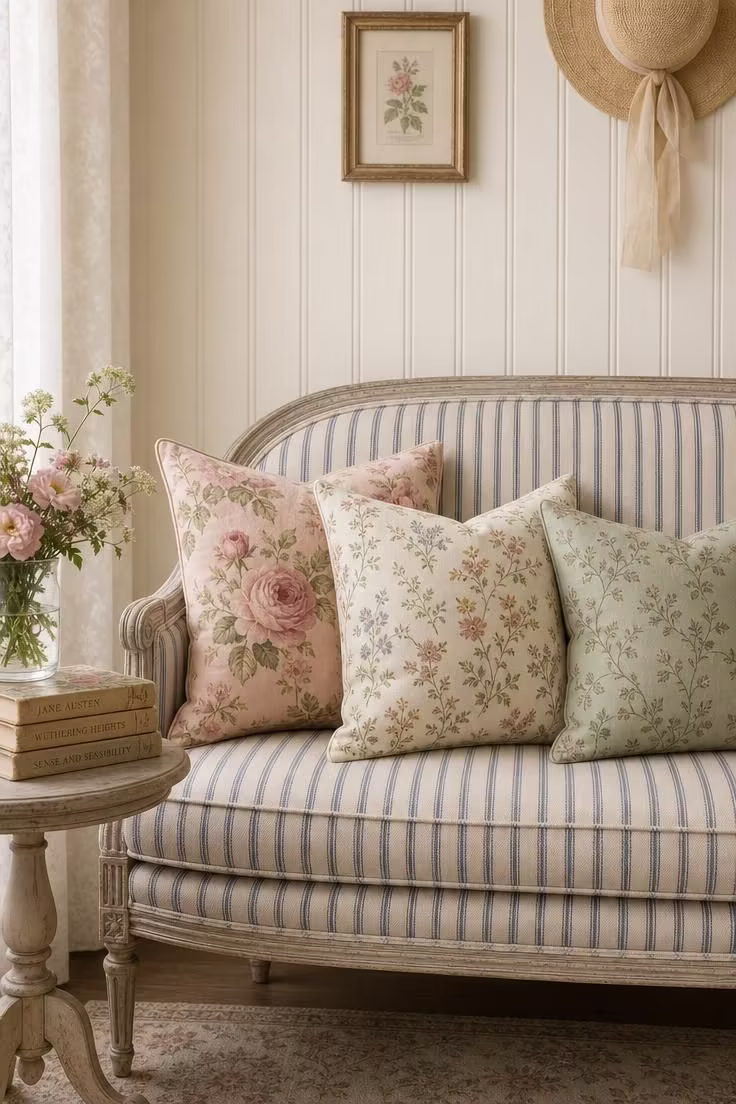 15 Inviting Cottage Living Room Ideas Full of Character 4 Blue ticking stripe settee with three mismatched floral print pillows against cream beadboard paneling in a cottage living room.