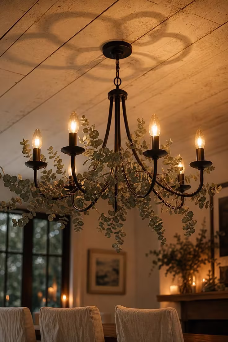 15 Inviting Cottage Living Room Ideas Full of Character 5 Matte-black iron chandelier wrapped with dried eucalyptus sprigs hanging from a whitewashed plank ceiling in a cottage living room.