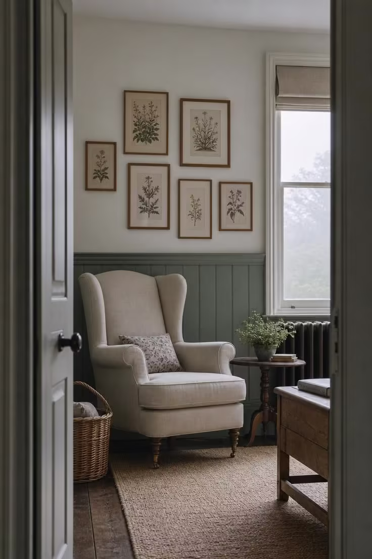 15 Inviting Cottage Living Room Ideas Full of Character 6 Sage green tongue-and-groove wainscoting beneath a gallery of framed botanical prints in a cool-lit English cottage living room.