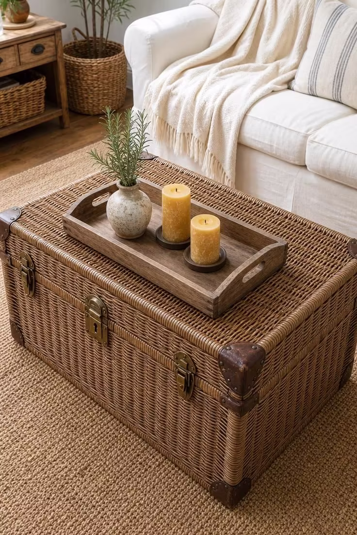 15 Inviting Cottage Living Room Ideas Full of Character 7 Wicker trunk coffee table with brass latches holding a wooden tray and ceramic vase in a bright cottage living room.