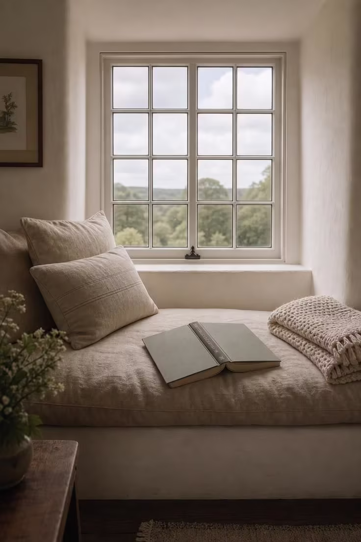 15 Inviting Cottage Living Room Ideas Full of Character 8 Deep built-in window seat with natural linen cushion and crocheted throw beneath mullioned windows in a cottage living room.