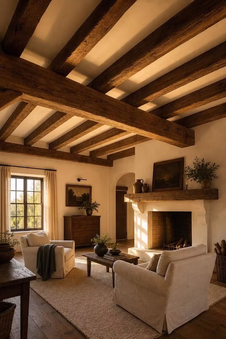 15 Inviting Cottage Living Room Ideas Full of Character 9 Heavy hand-hewn oak ceiling beams crossing a plaster-white ceiling above armchairs in a warm-lit cottage living room.