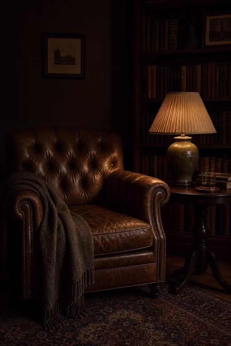 15 Inviting Cottage Living Room Ideas Full of Character 10 Worn cognac leather club chair beside a ceramic table lamp casting warm light in a dimly lit cottage living room.