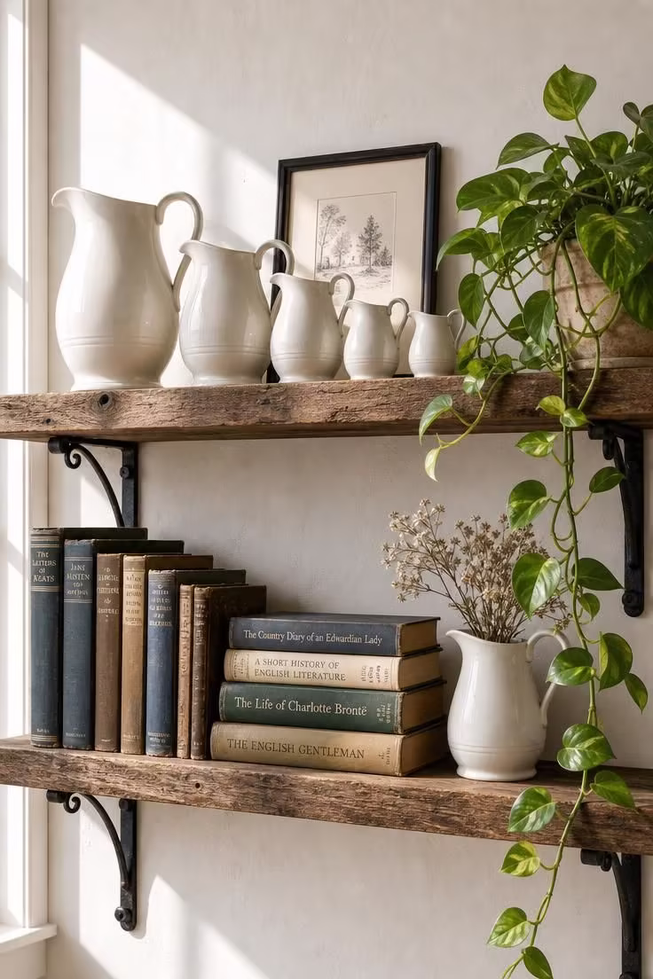 15 Inviting Cottage Living Room Ideas Full of Character 11 Rough-sawn timber shelves with ironstone pitchers, old books, and trailing pothos on wrought-iron brackets in a bright cottage living room.