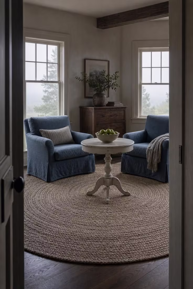 15 Inviting Cottage Living Room Ideas Full of Character 12 Large braided jute rug with a round distressed cream pedestal table and faded blue armchairs in a cool-lit cottage living room.