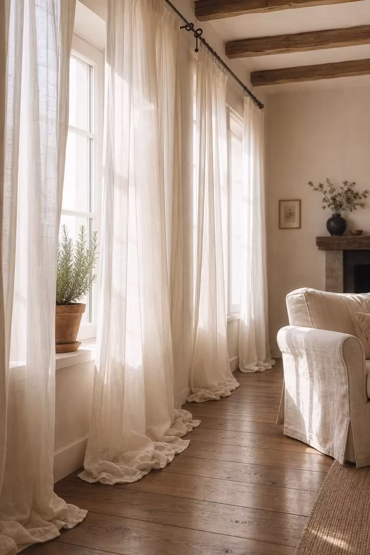 15 Inviting Cottage Living Room Ideas Full of Character 13 Ivory cotton voile curtains pooling on wide walnut plank floors beside a linen armchair in a softly lit cottage living room.