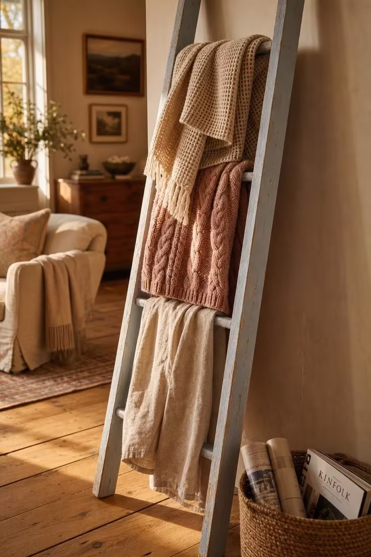 15 Inviting Cottage Living Room Ideas Full of Character 14 Painted blue-white wooden ladder leaning against a plaster wall with draped cotton, wool, and linen throws in a warm-lit cottage living room.