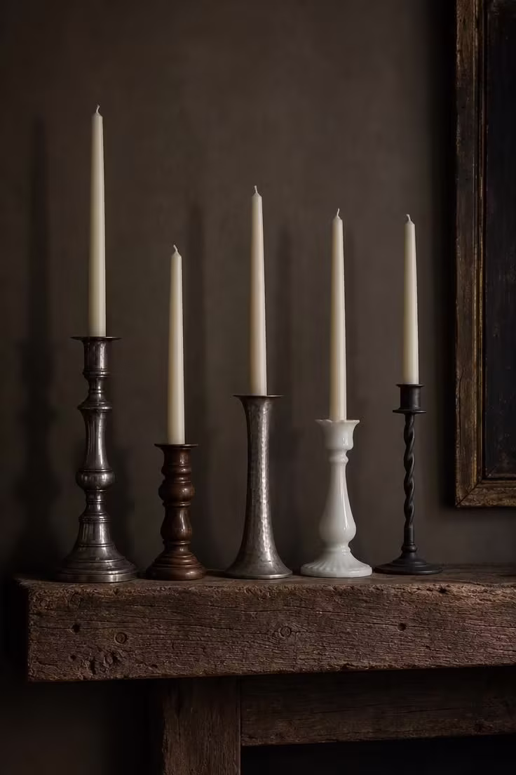 15 Inviting Cottage Living Room Ideas Full of Character 15 Five mismatched candlesticks in silver, wood, tin, milk glass, and iron on a reclaimed-wood mantel shelf in a dimly lit cottage living room.