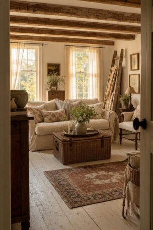 A full cottage living room with a linen sofa, floral pillows, wicker trunk, whitewashed floors, exposed beams, and cotton curtains in warm afternoon light.