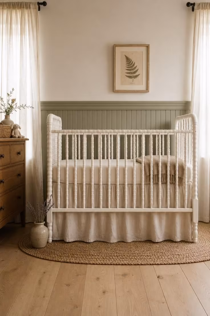 11 Soft Cottage Nursery Ideas for a Dreamy First Room 1 White Jenny Lind crib against sage green beadboard wall in a cottage nursery with soft diffused light