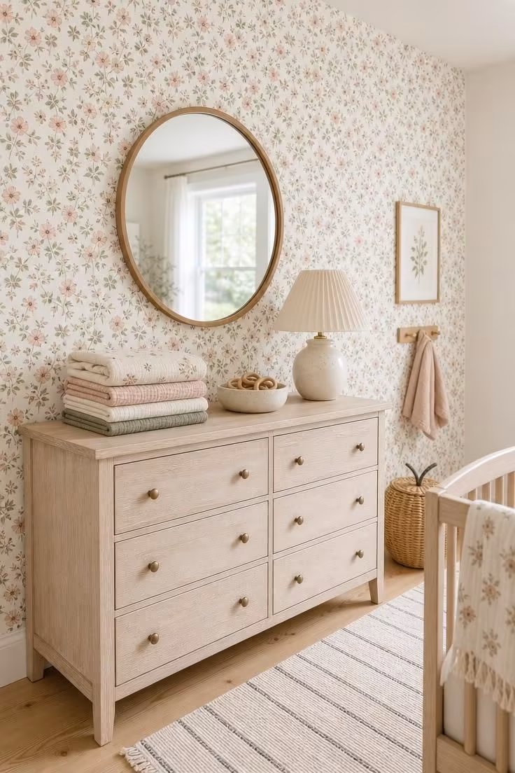 11 Soft Cottage Nursery Ideas for a Dreamy First Room 2 Ditsy floral wallpaper accent wall with whitewashed oak dresser in a bright cottage nursery