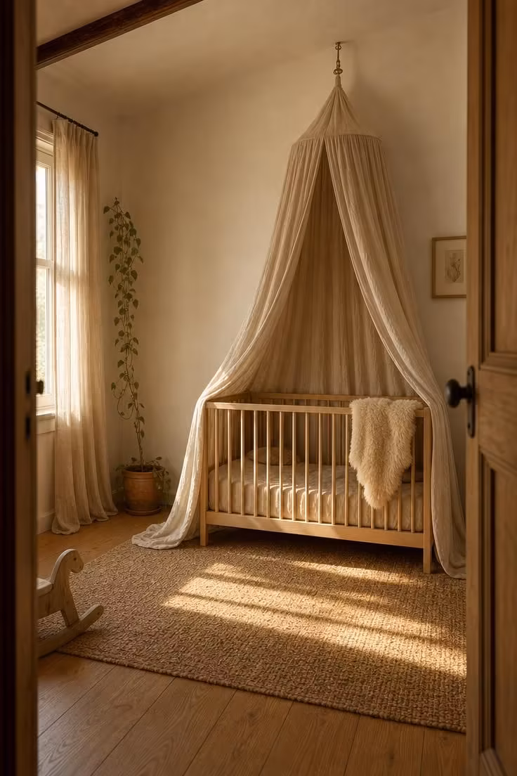 11 Soft Cottage Nursery Ideas for a Dreamy First Room 3 Linen canopy draping over a low birch crib with golden afternoon light in a cottage nursery