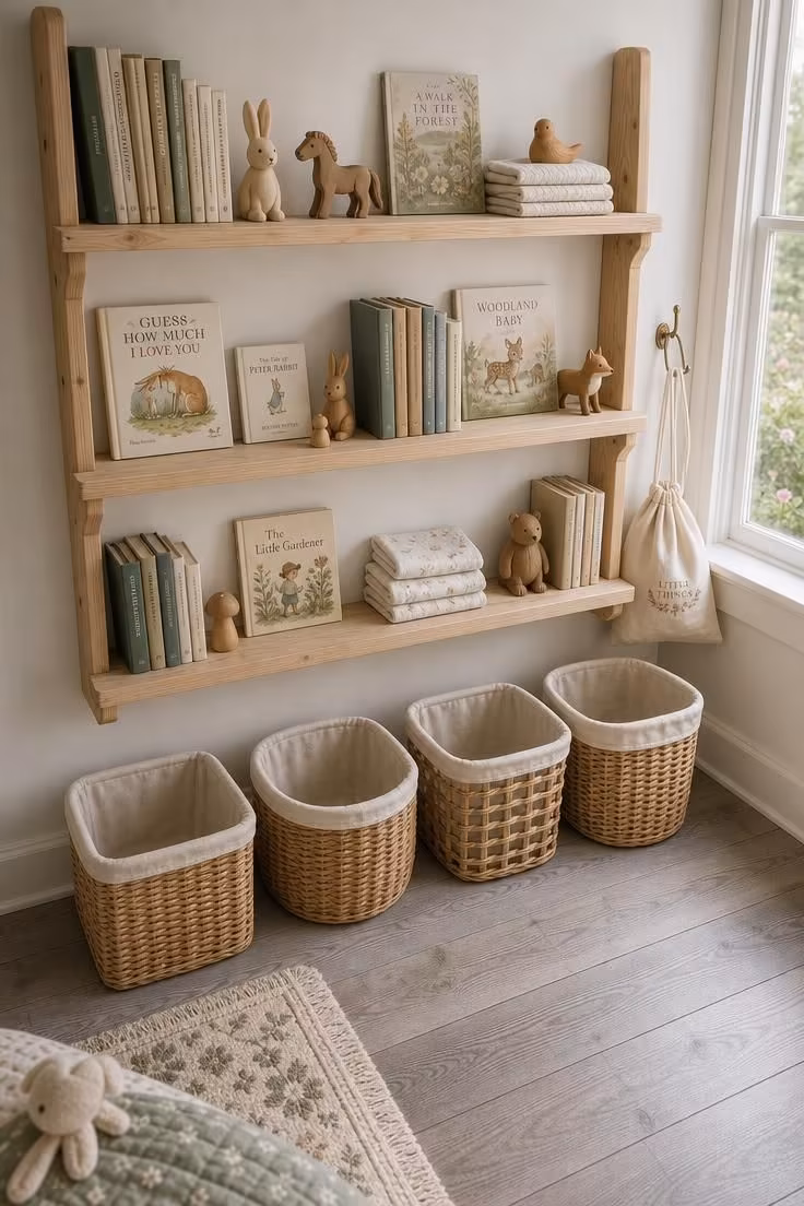 11 Soft Cottage Nursery Ideas for a Dreamy First Room 4 Wicker storage baskets lined below open pine shelving filled with books and wooden toys in a cottage nursery