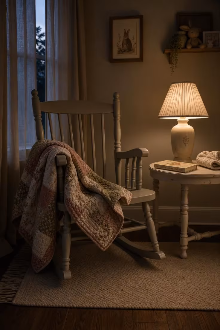 11 Soft Cottage Nursery Ideas for a Dreamy First Room 5 Dove-painted rocking chair with a patchwork quilt in a moody low-light cottage nursery corner