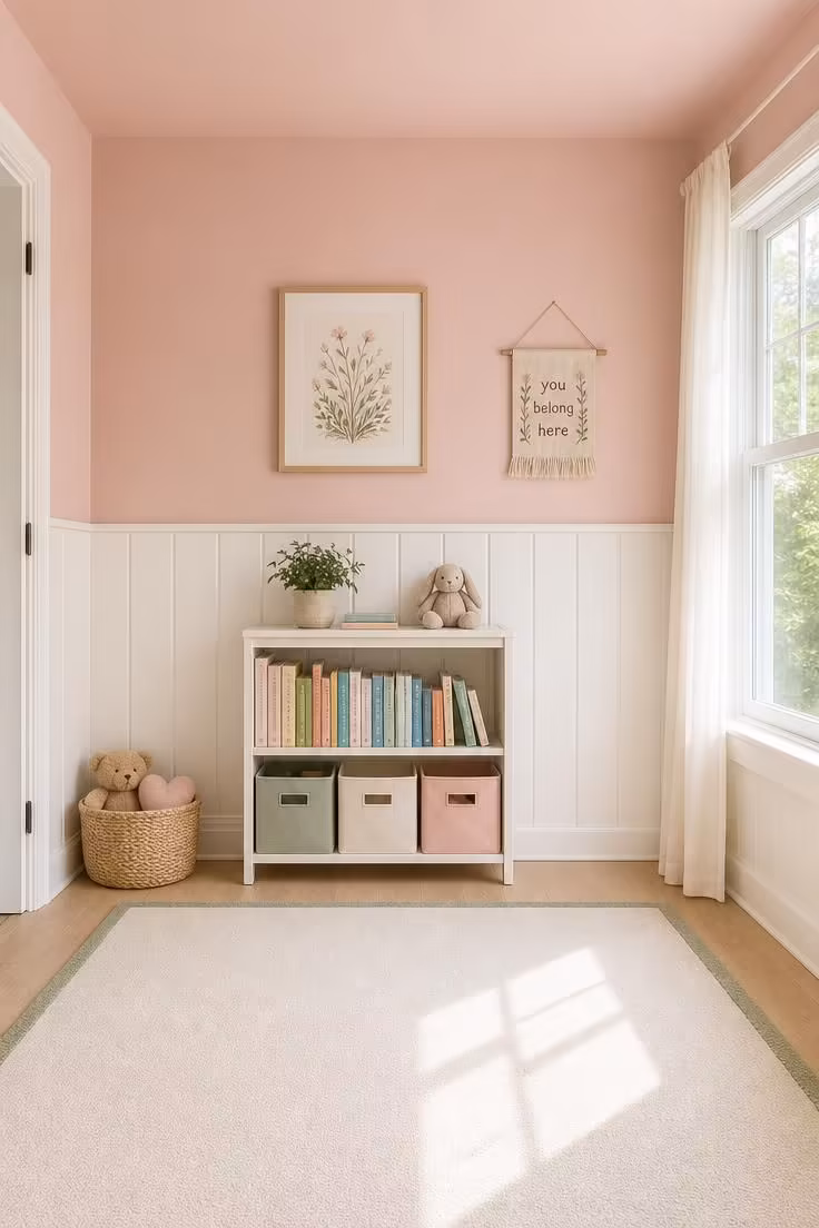 11 Soft Cottage Nursery Ideas for a Dreamy First Room 6 Board-and-batten wainscoting in warm white below a dusty rose ceiling in a bright cottage nursery