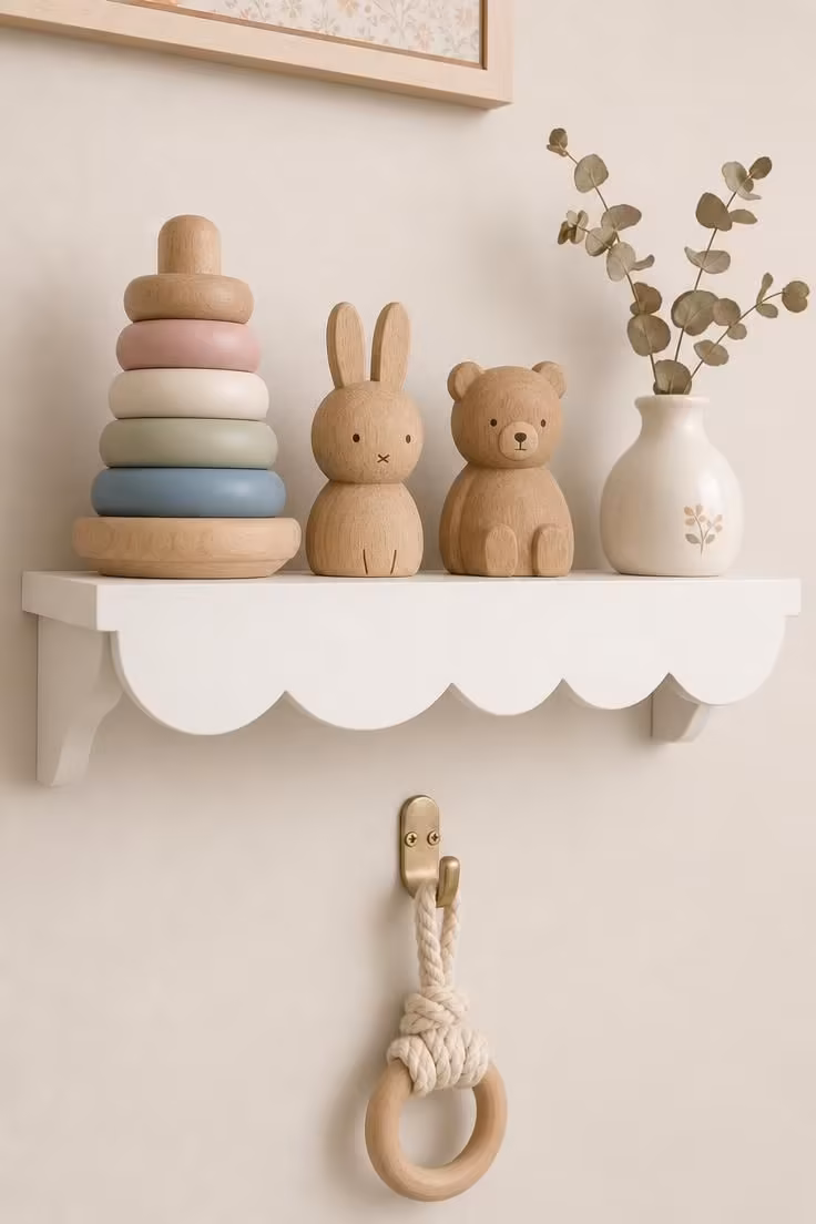 11 Soft Cottage Nursery Ideas for a Dreamy First Room 7 Scalloped-edge shelf with wooden stacking toys and dried eucalyptus in a cottage nursery