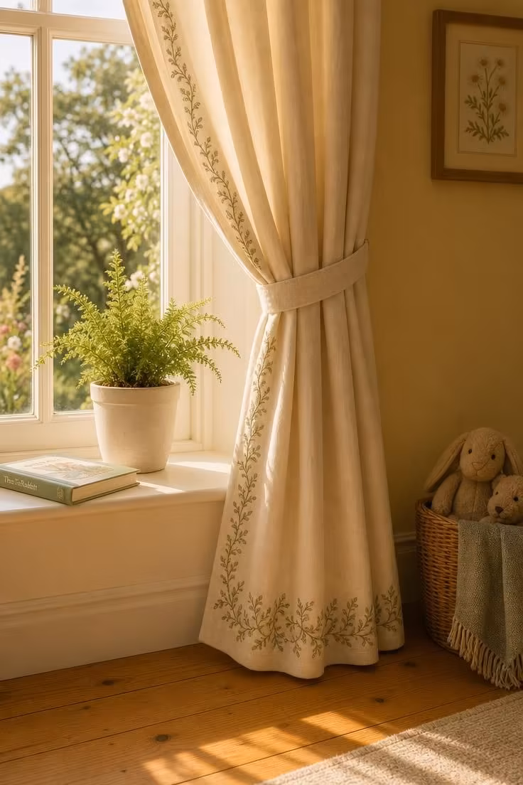 11 Soft Cottage Nursery Ideas for a Dreamy First Room 8 Embroidered cotton curtains framing a garden-view window with golden light in a cottage nursery
