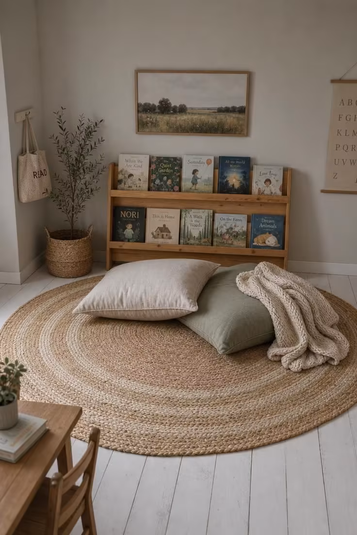 11 Soft Cottage Nursery Ideas for a Dreamy First Room 10 Braided jute rug anchoring a reading corner with linen floor cushions and a low bookshelf in a cottage nursery