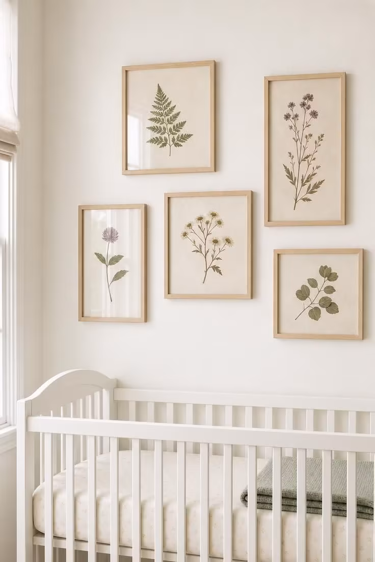 11 Soft Cottage Nursery Ideas for a Dreamy First Room 11 Pressed botanical prints in thin birch frames grouped asymmetrically above a white crib in a cottage nursery