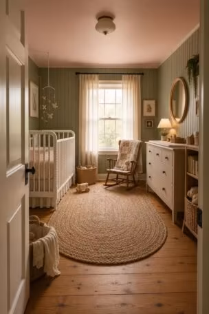 Complete cottage nursery viewed from the doorway with Jenny Lind crib, beadboard wall, and soft afternoon light