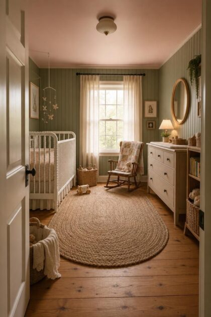 11 Soft Cottage Nursery Ideas for a Dreamy First Room Complete cottage nursery viewed from the doorway with Jenny Lind crib, beadboard wall, and soft afternoon light