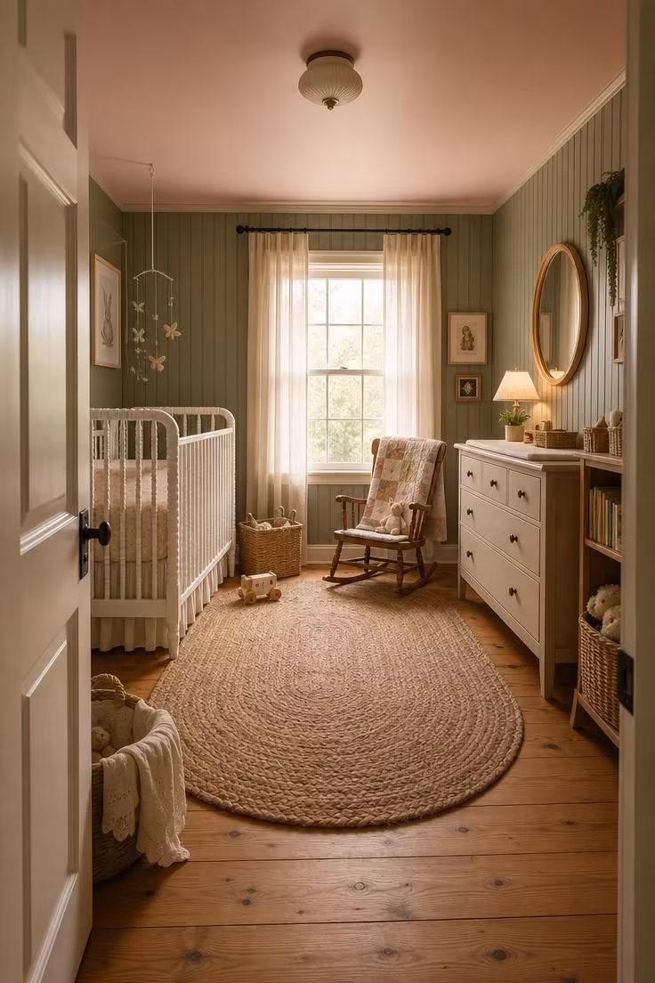 Simple Spaces 16 Complete cottage nursery viewed from the doorway with Jenny Lind crib, beadboard wall, and soft afternoon light