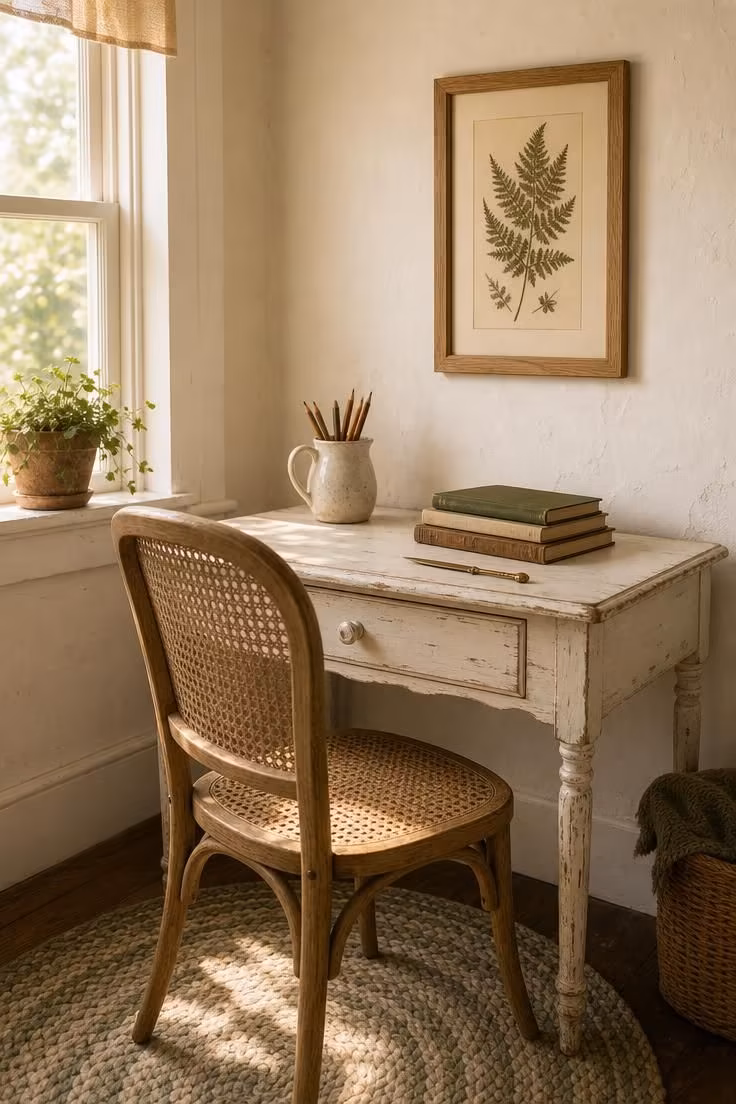 12 Charming Cottage Office Ideas for Calm Workdays 1 A whitewashed farmhouse desk with a cane-back chair in a cottage office bathed in golden afternoon light.