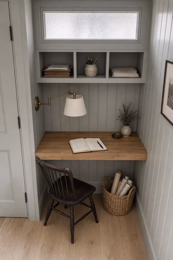 12 Charming Cottage Office Ideas for Calm Workdays 2 A built-in alcove desk with beadboard paneling in pale gray and a brass swing-arm lamp in a cottage office.