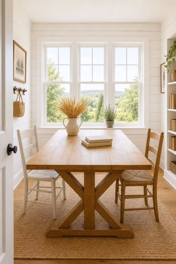 12 Charming Cottage Office Ideas for Calm Workdays 3 A honey oak trestle table used as a shared cottage workspace with mismatched chairs and bright midday light.